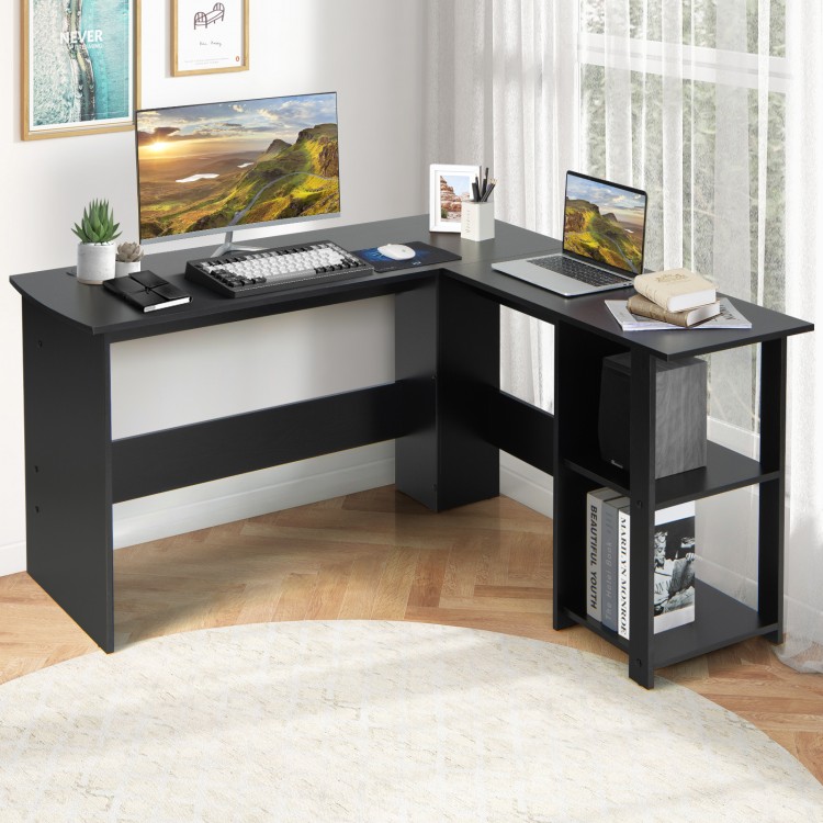L-shaped computer desk in a corner setup, featuring ample workspace and two open shelves for convenient storage.